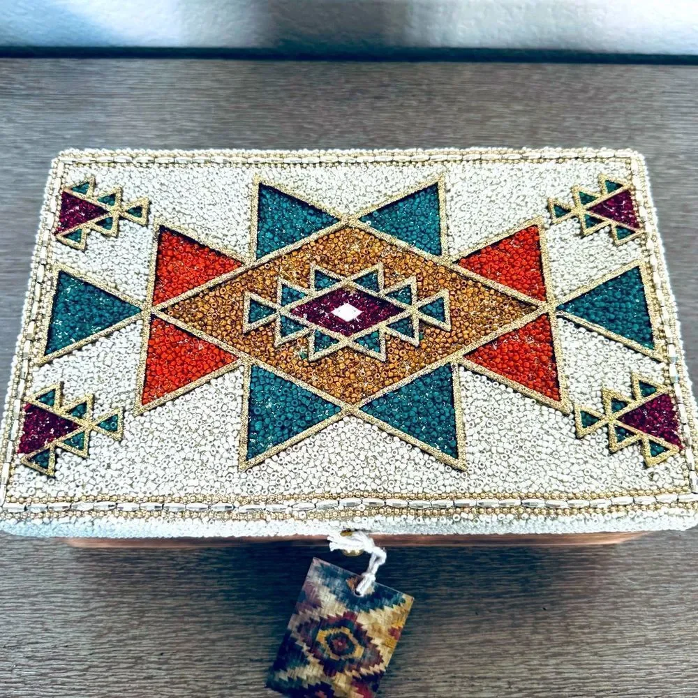 Southwest Western Aztec Tribal Beaded Teal Orange Gold Decor Storage Box
